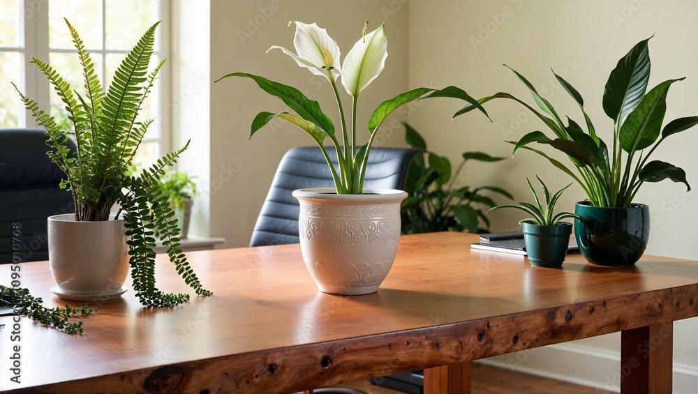 Home decor with plants Office desk with potted peace lily and greenery decor Home decor with plants Office desk with potted peace lily and greenery decor