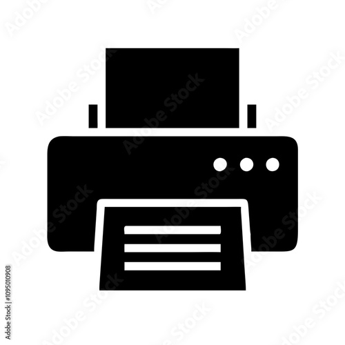 Minimalist black flat printer icon featuring a clean and modern design. The icon showcases a simplified silhouette of a printer, suitable for digital applications, websites, mobile a