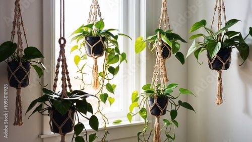 Wallpaper Mural Home decor with plants Hanging macrame planters with lush green vines by window Torontodigital.ca