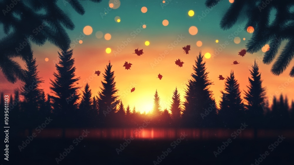 Serene autumn sunset over a tranquil forest. Falling leaves and soft light create a magical atmosphere. Serene autumn sunset over a tranquil forest. Falling leaves and soft light create a magical atmosphere.