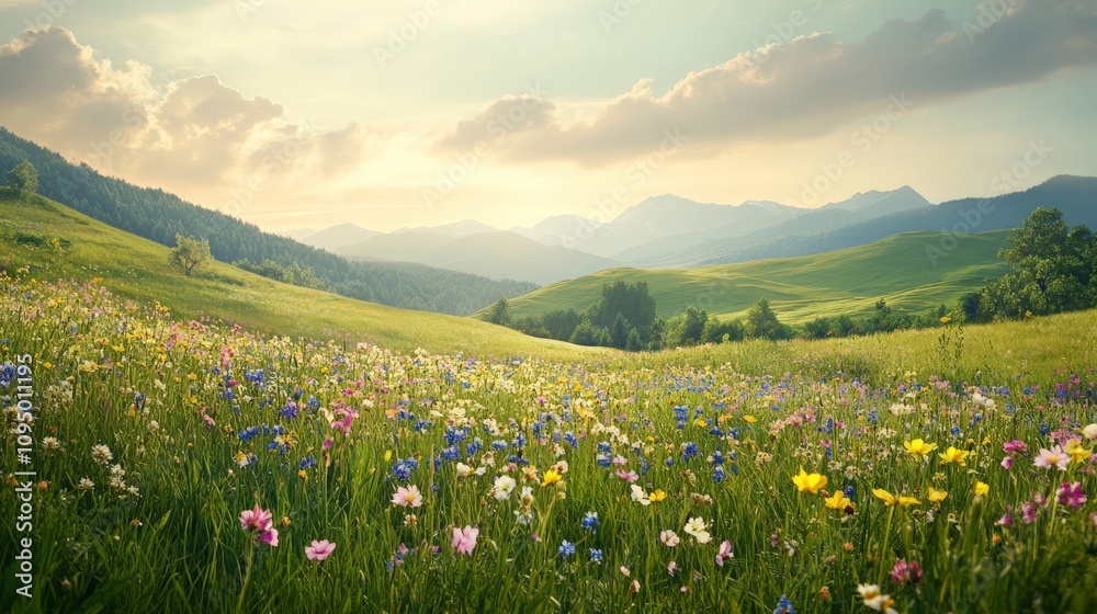 Fototapeta premium A serene landscape featuring a lush meadow filled with colorful wildflowers, surrounded by rolling hills and distant mountains under a soft, cloudy sky.