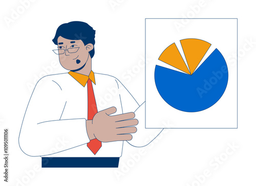 Arab businessman showing pie chart financial report 2D cartoon character. Middle eastern glasses business man piechart isolated person flat vector on white background. Spot illustration colorful