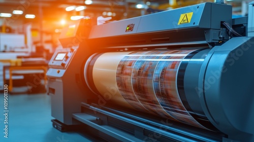 Wide format label printing machine producing labels in a softly blurred office environment photo