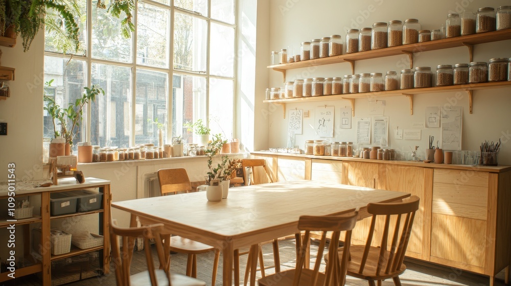 A cozy, well-lit workspace with wooden furniture and jars on shelves for storage. A cozy, well-lit workspace with wooden furniture and jars on shelves for storage.