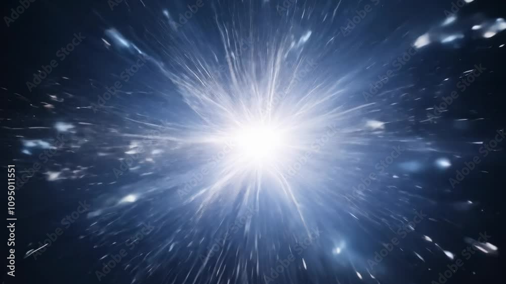 Camera arcs around a central point where an abstract energy explosion occurs, with dark shadows and bright flashes creating stark contrasts