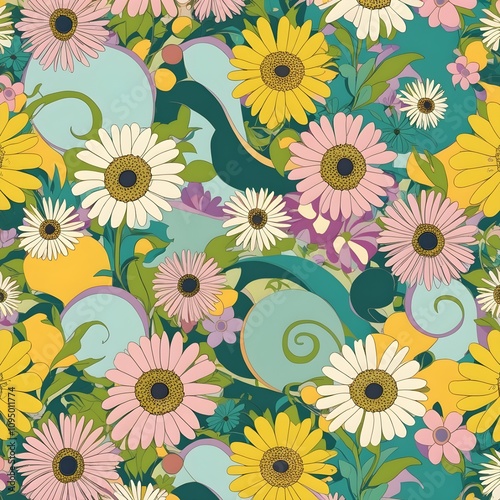 70's cutie hippie daisy seamless pattern. Floral background Generative ai