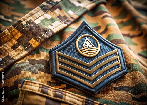 High-Quality Product Photography of SSGT Military Rank Insignia Displayed on Uniform with Attention to Detail, Ideal for Military Gear Promotion and Educational Purposes photo