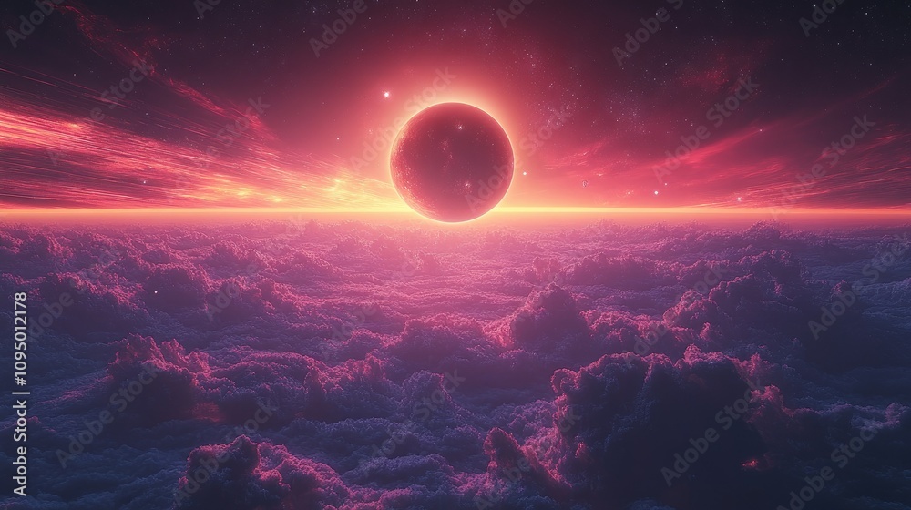A stunning cosmic landscape featuring a glowing celestial body above vibrant clouds. A stunning cosmic landscape featuring a glowing celestial body above vibrant clouds.