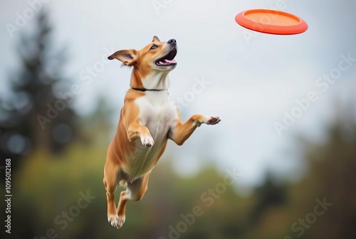 Dog Fetch A dog leaping to catch a frisbee frozen in mid air wit photo