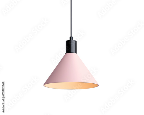 Modern pink hanging lamp illuminating a minimalist space with style, on transparent background.