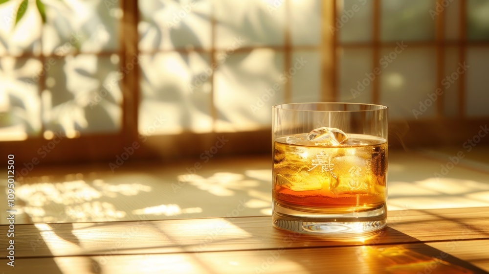 Glass of amber liquid with ice, on wooden surface, in front of a Japanese-style window. Sunlight streams through the window. Glass of amber liquid with ice, on wooden surface, in front of a Japanese-style window. Sunlight streams through the window.