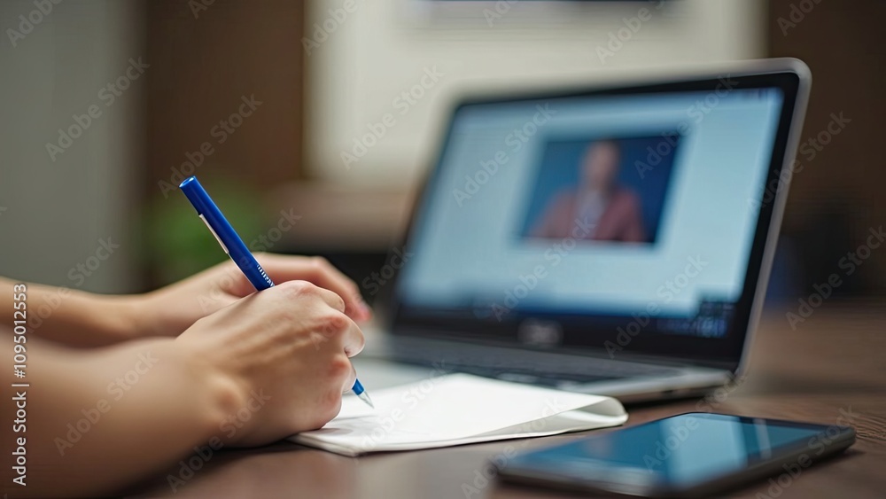 Person writing notes while attending an online lecture on a laptop and using a smartphone during a study session Person writing notes while attending an online lecture on a laptop and using a smartphone during a study session