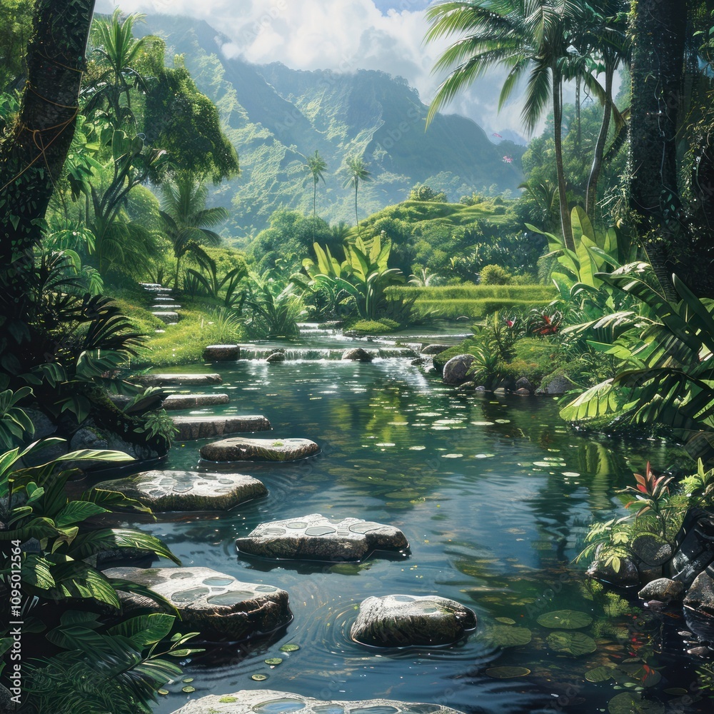 Tropical paradise with a tranquil stream and stone path. Lush vegetation, calm water, and mountains create a serene landscape. Tropical paradise with a tranquil stream and stone path. Lush vegetation, calm water, and mountains create a serene landscape.