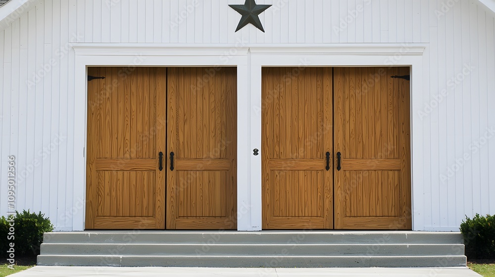 A pair of double wooden doors, one open and one closed, on a grand entrance. A pair of double wooden doors, one open and one closed, on a grand entrance.