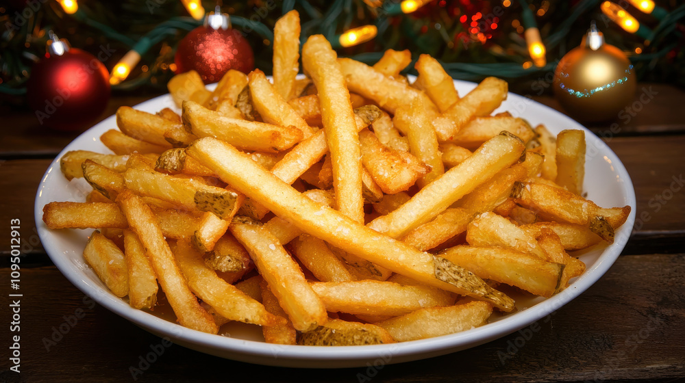 plate of golden French fries against festive Christmas background, evoking warmth and joy during holiday season plate of golden French fries against festive Christmas background, evoking warmth and joy during holiday season
