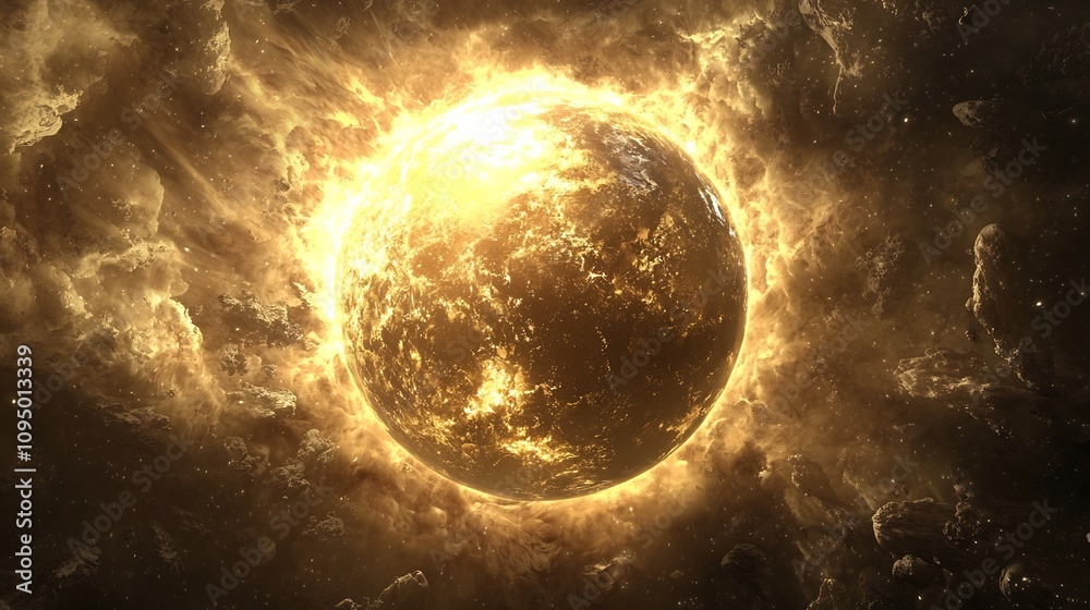 Radiant Glowing Globe with Dramatic Atmospheric Highlights Symbolizing Earth and Ozone Protection Concept Digital of a Fiery Burning Sphere Representing the Planet and Environmental Challenges Radiant Glowing Globe with Dramatic Atmospheric Highlights Symbolizing Earth and Ozone Protection Concept Digital of a Fiery Burning Sphere Representing the Planet and Environmental Challenges