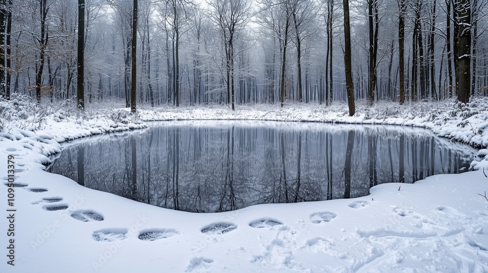 Obraz premium Serene Snowy Landscape Featuring a Small Frozen Lake Surrounded by Majestic Trees in a Winter Wonderland Setting