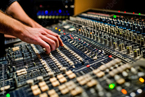 Close-up of a producer’s hands on a soundboard in a studio photo