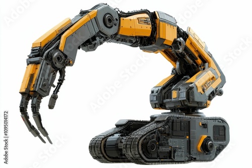 Futuristic yellow and grey tracked robotic arm.