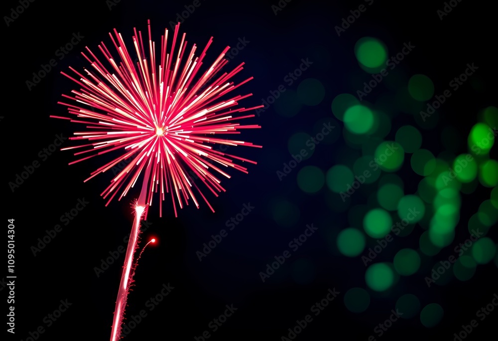 Stunning red firework exploding against a dark night sky with green bokeh. Stunning red firework exploding against a dark night sky with green bokeh.