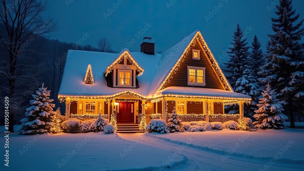 Beautiful winter evening at a cozy house adorned with festive lights in a snowy landscape Beautiful winter evening at a cozy house adorned with festive lights in a snowy landscape