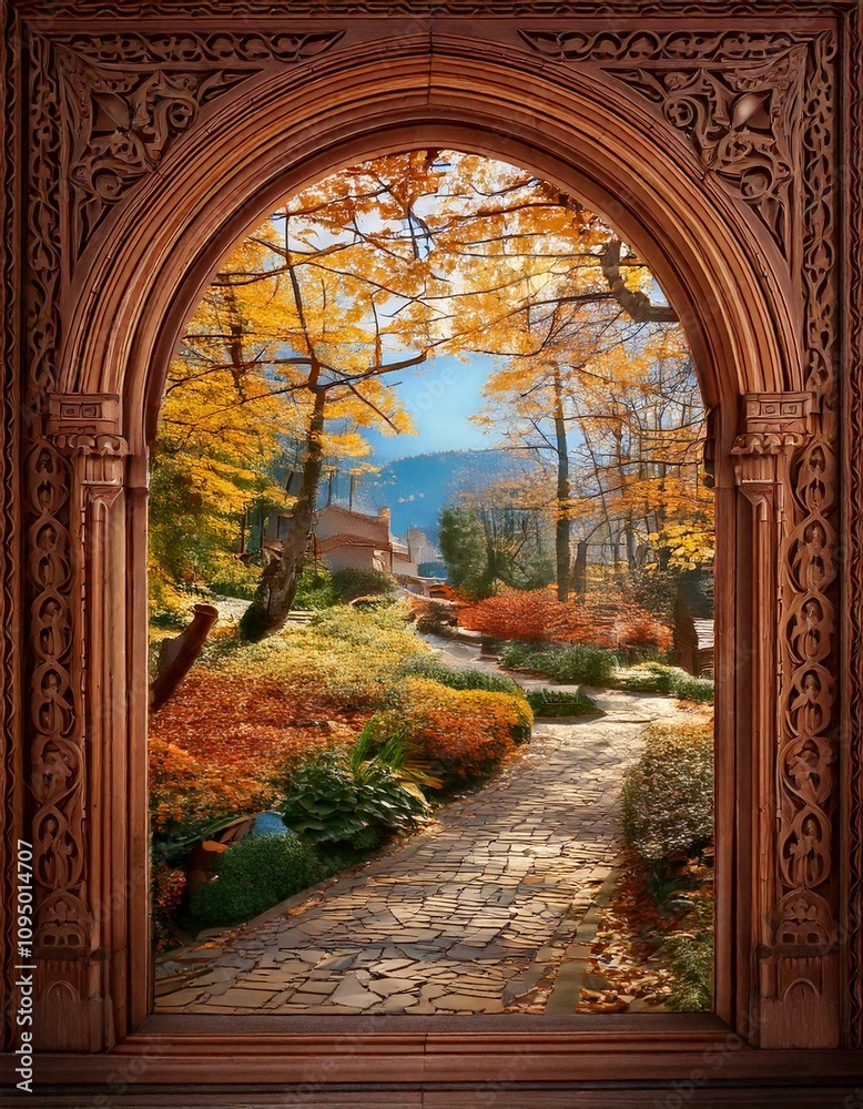 Obraz premium photography backdrop with magical fairytale feel and warm colours, an archway frame with enchanted garden landscape background 