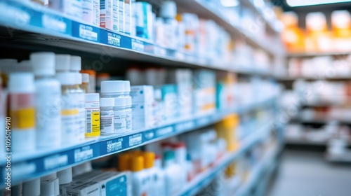 Wallpaper Mural Colorful Array of Prescription Bottles and Medications on Pharmacy Shelf Display, Showcasing the Diversity of Pharmaceutical Products for Health and Wellness Torontodigital.ca