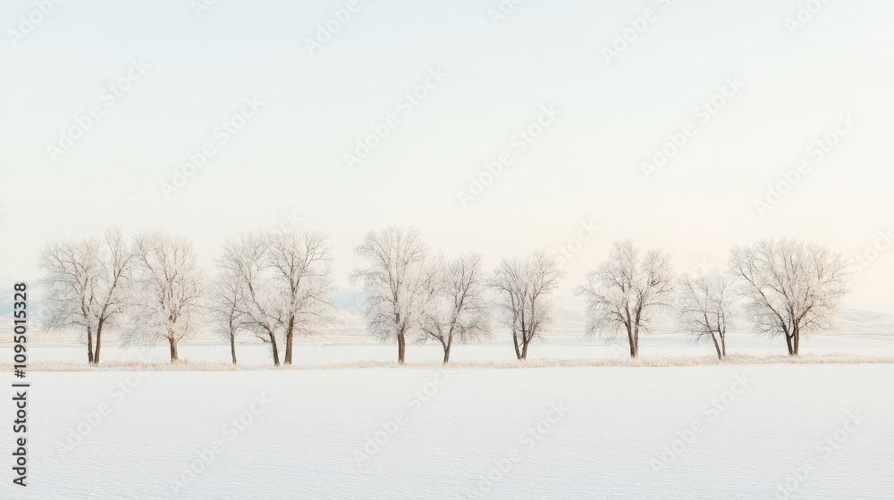 A serene winter landscape featuring a row of snow-covered trees against a pale sky, creating a tranquil, minimalist scene. A serene winter landscape featuring a row of snow-covered trees against a pale sky, creating a tranquil, minimalist scene.