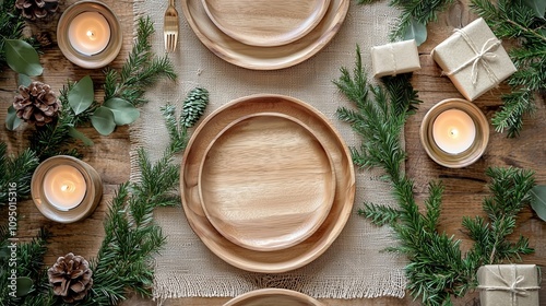 Festive Table Setting from Top Down View Featuring Natural Elements, Wooden Plates, Candles, and Holiday Decor Accents in an Inviting Atmosphere