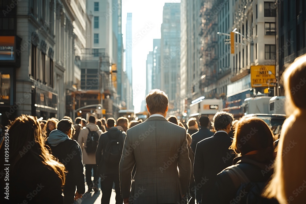 Obraz premium Anonymous Figures Journey Forward Sunlit Cityscape Energy