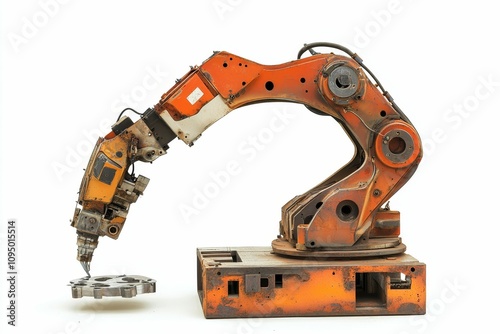 Rusty orange robotic arm machining metal part.