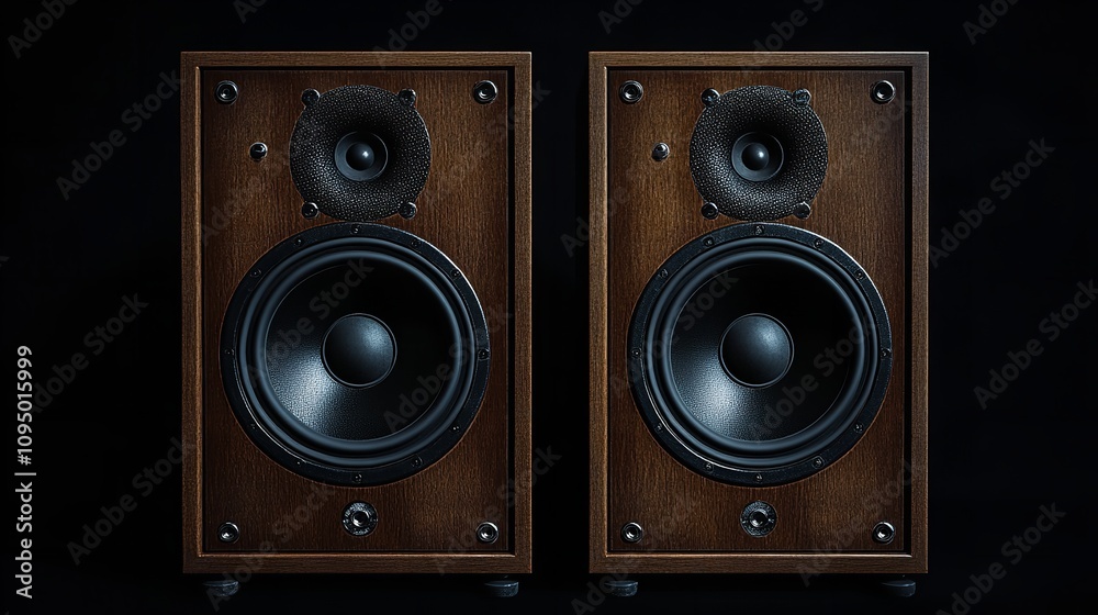 Pair Of Black Loud Speakers Isolated on black background. Generative AI Pair Of Black Loud Speakers Isolated on black background. Generative AI