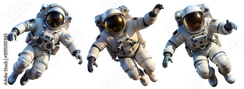 Set of Astronauts in spacesuit close-up isolated on transparent background. Cosmonaut in open hovering space.