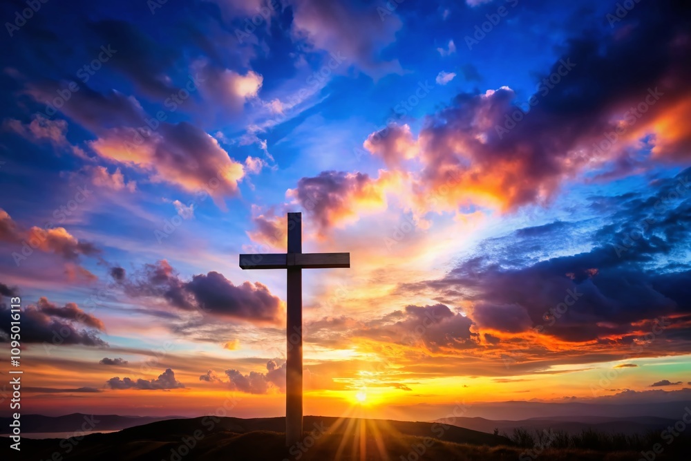 Fototapeta premium Inspiring Silhouette Photography Capturing the Essence of Christian Faith Against a Twilight Sky with a Cross Symbolizing Hope and Belief