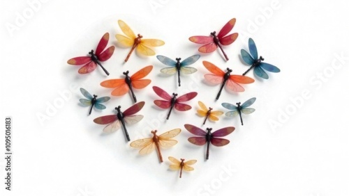 Heart made of colorful dragonflies on a white background
