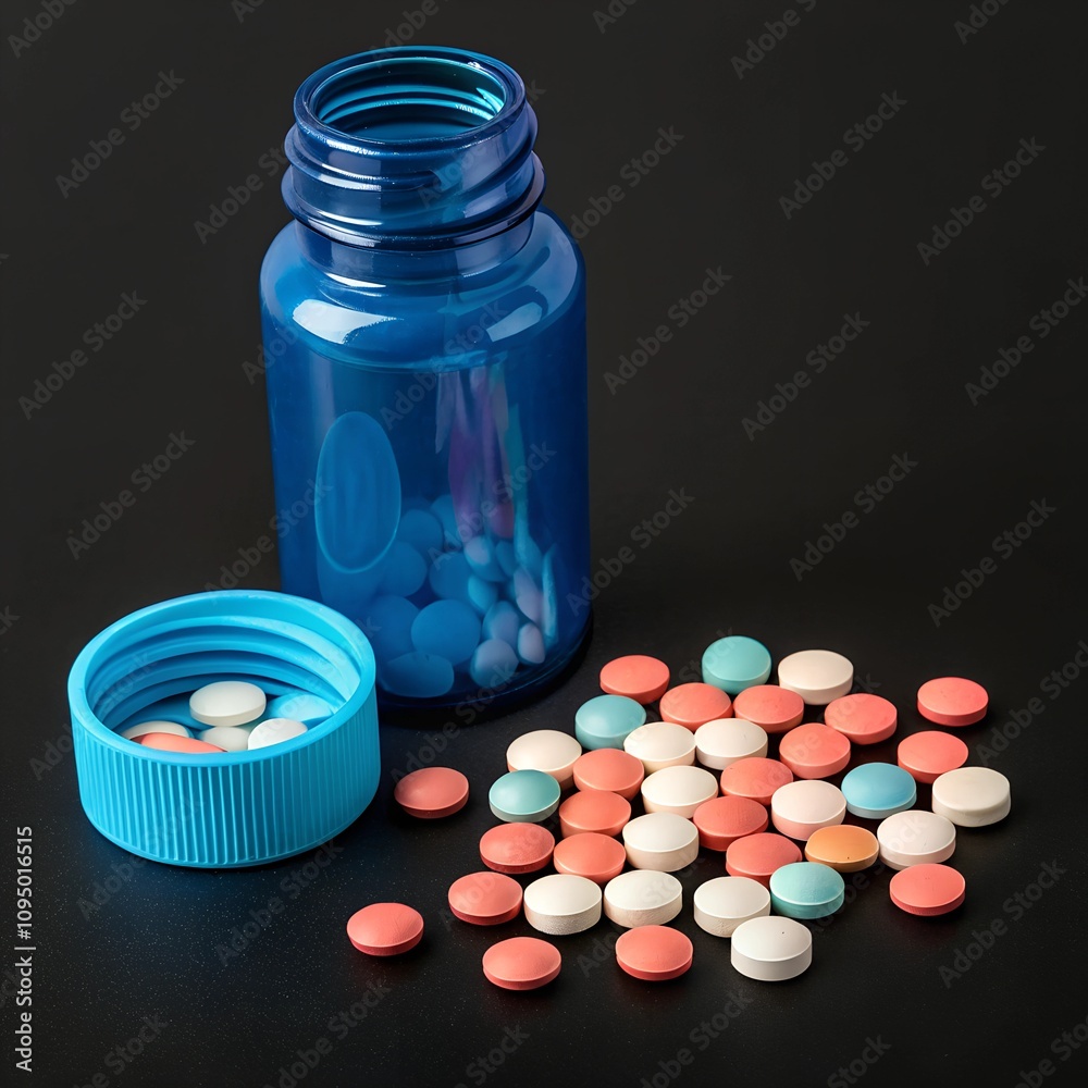 Blue Medicine Bottle with Pills on Black Background for Healthcare Concept Blue Medicine Bottle with Pills on Black Background for Healthcare Concept