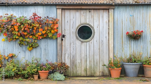 A wooden door with a small, round window, offering a glimpse inside. 