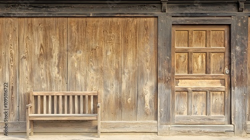 A wooden door with a small, wooden bench placed nearby, inviting visitors to rest. 