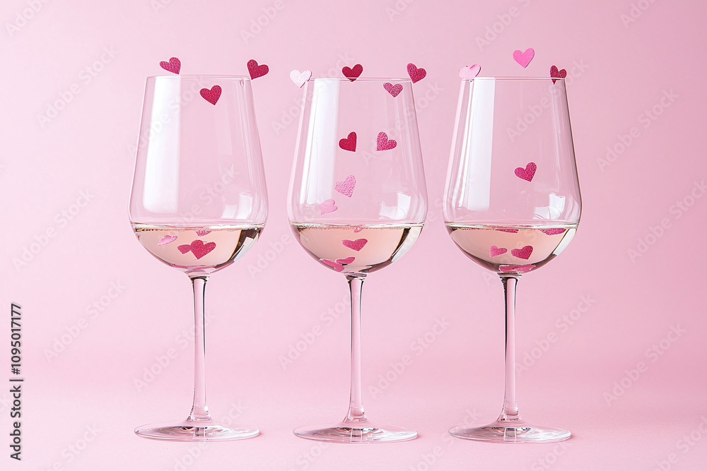 Valentine's celebration, toasting glasses with floating heart confetti Valentine's celebration, toasting glasses with floating heart confetti