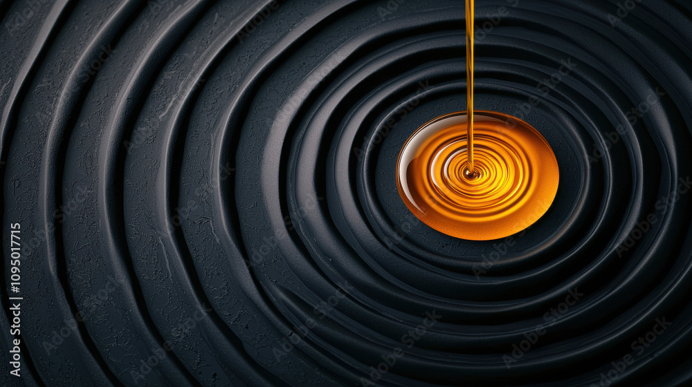 drop of golden oil falls on black circular patterned surface, creating mesmerizing ripples. contrast between vibrant oil and dark background evokes sense of elegance and tranquility drop of golden oil falls on black circular patterned surface, creating mesmerizing ripples. contrast between vibrant oil and dark background evokes sense of elegance and tranquility