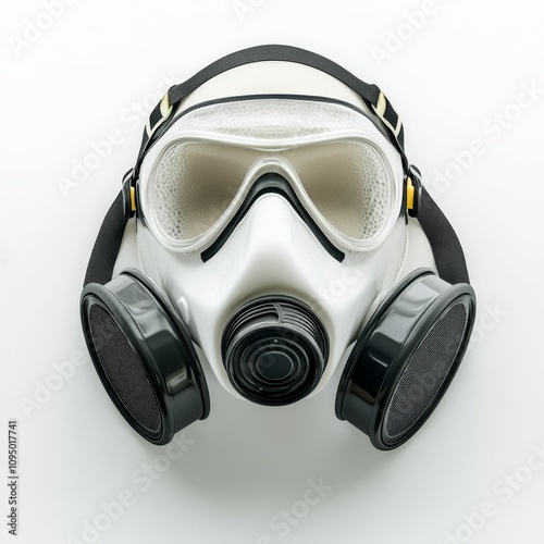 White gas mask with black filters.