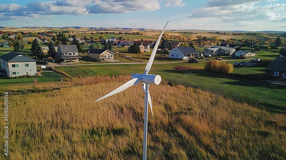 Fototapeta premium Small scale wind turbine standing in a picturesque rural countryside landscape with lush green meadow rolling hills and cloudy blue sky in the background