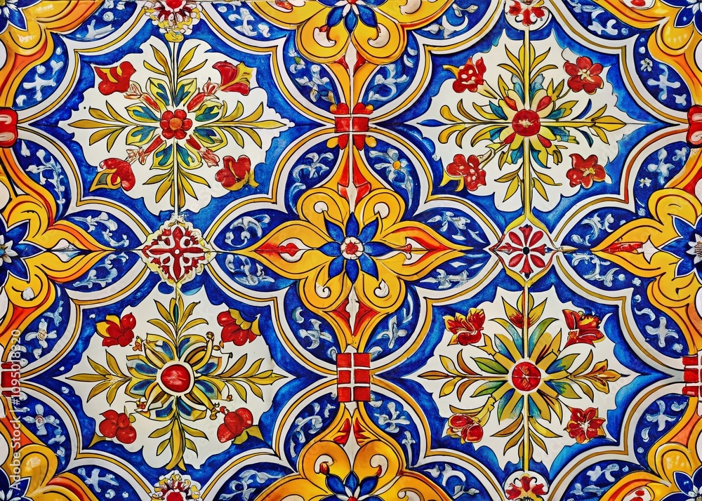 Intricate Traditional Spanish Tile Pattern with Vibrant Blue, Yellow, and Red Floral and Geometric Designs in Stunning Detail for a Captivating Visual Experience Intricate Traditional Spanish Tile Pattern with Vibrant Blue, Yellow, and Red Floral and Geometric Designs in Stunning Detail for a Captivating Visual Experience