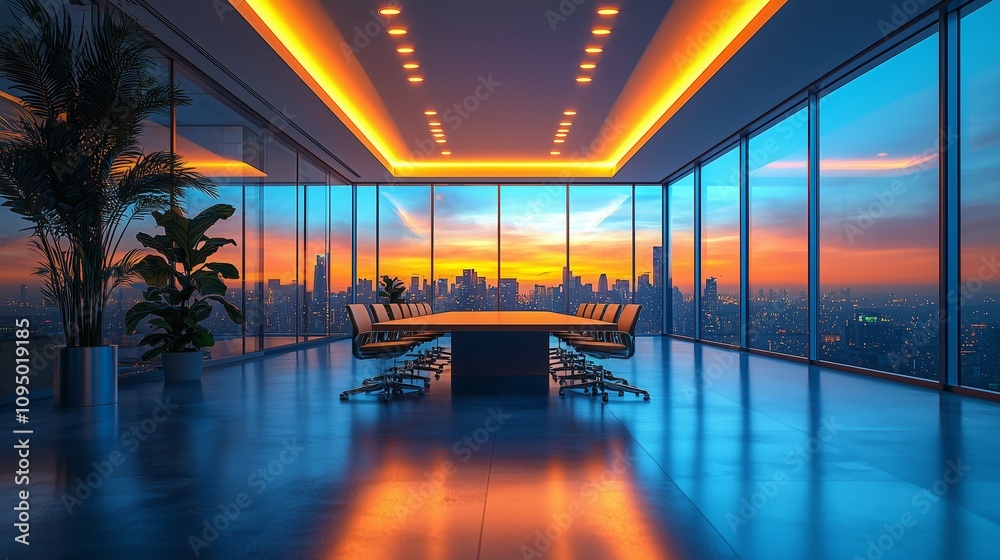 Sleek and Minimalistic Boardroom Interior with Panoramic Windows Showcasing Cityscape and Sunset, Perfect for Modern Business Environments Sleek and Minimalistic Boardroom Interior with Panoramic Windows Showcasing Cityscape and Sunset, Perfect for Modern Business Environments