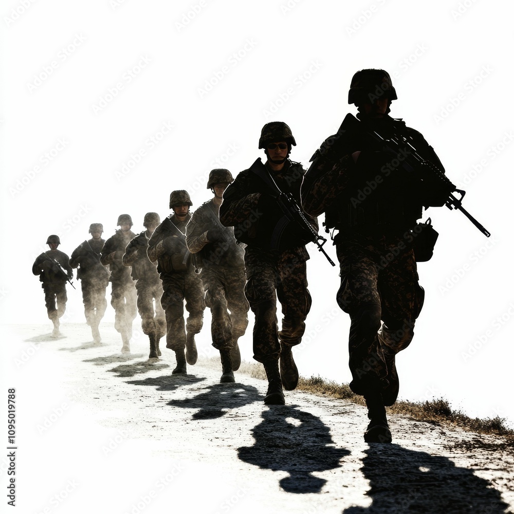 Silhouetted soldiers march, weapons held, dust trails.