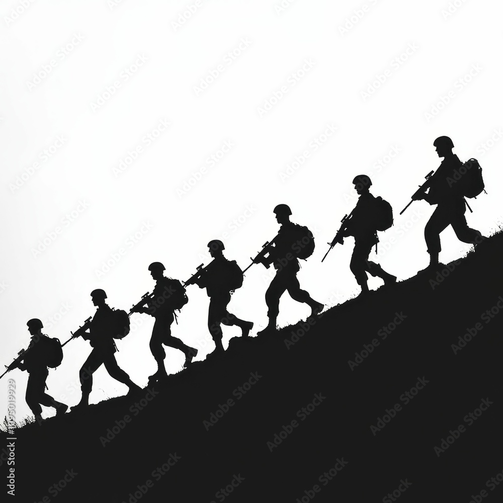 Obraz premium Silhouetted soldiers ascend hill, carrying rifles.