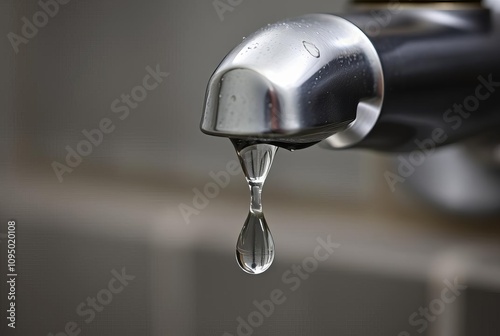 Dripping Faucet A close up of a leaky faucet with a drop poised