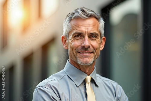 Optimistic and Mature Executive Leader Smiling with Confidence in the City