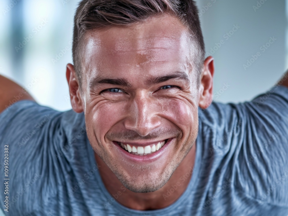 Happy man smiling joyfully. A joyful man radiates pure happiness, symbolizing positivity and well-being.  His smile reflects contentment.