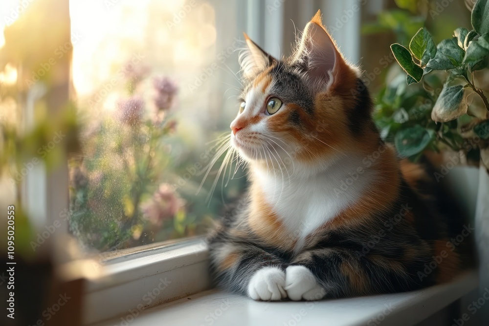 Calico Kitten Gazing Out Window At Sunset Calico Kitten Gazing Out Window At Sunset